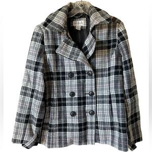 CHARLES KLEIN PREPPY PLAID WOOL BLEND PEACOAT